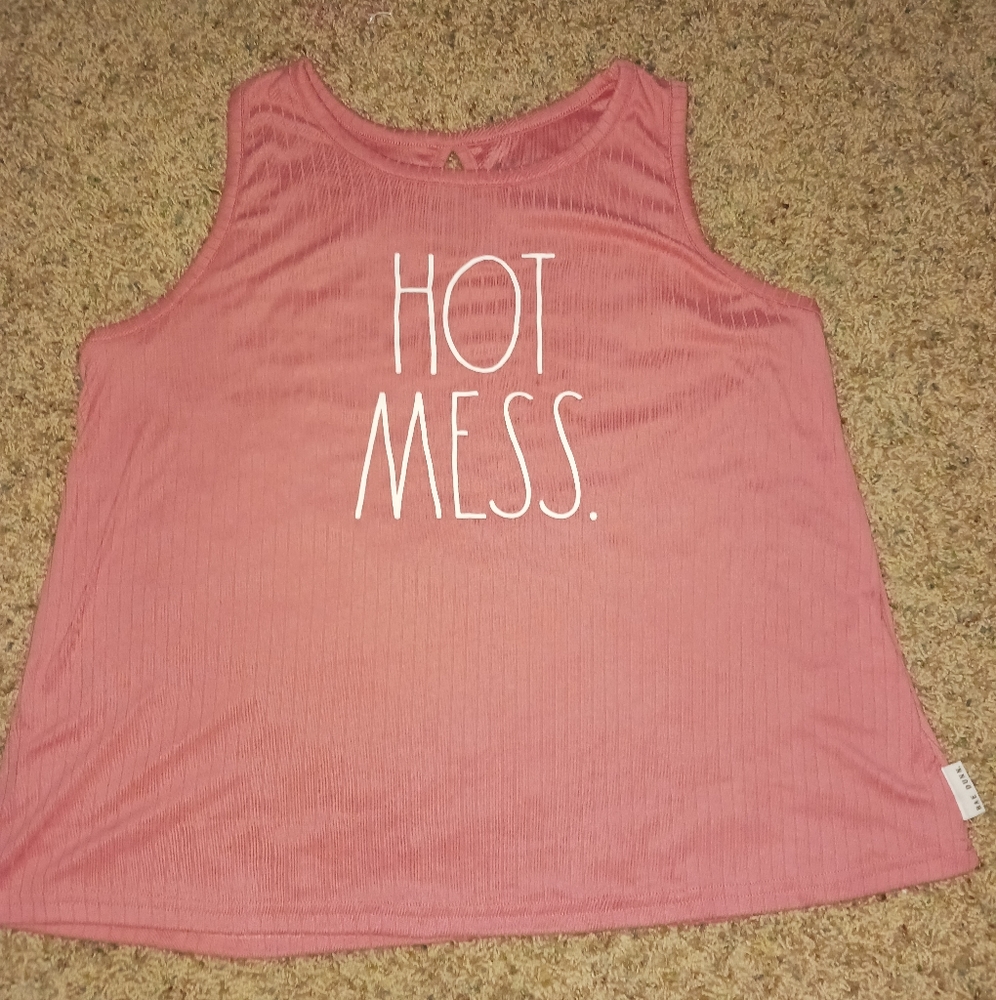 Rae Dunn, Women's Tank Top w/ Small Back Cut-Out, "Hot Mess," Pink, Size Medium